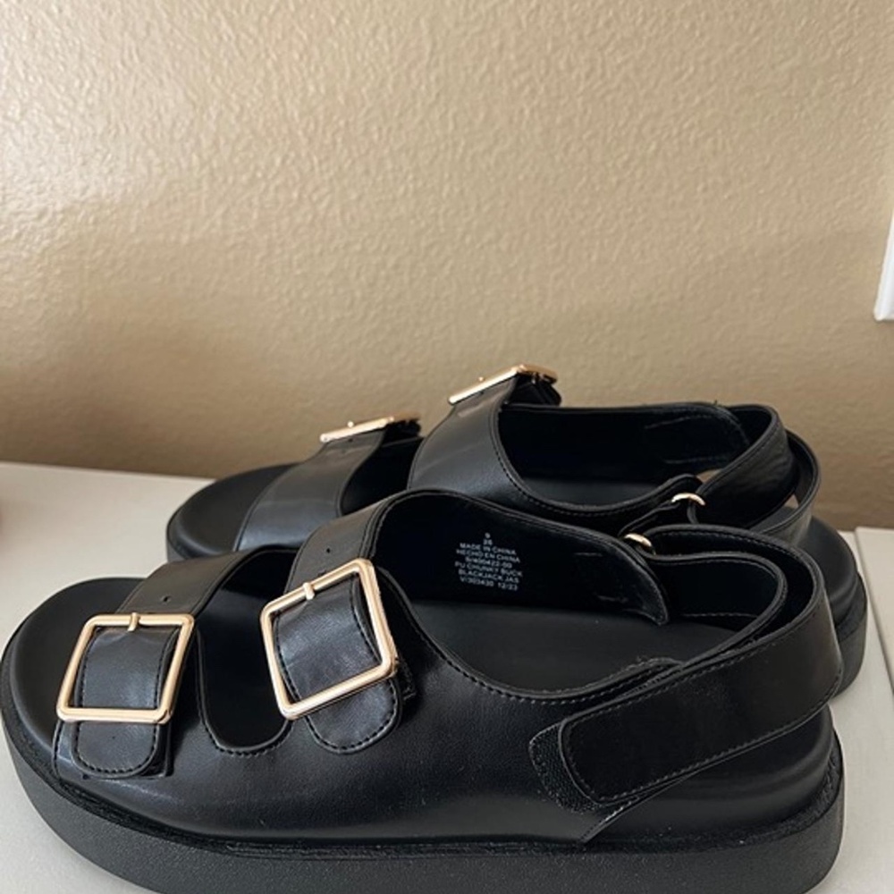 Black Platform Buckle Sandals with Gold Buckles (Old Navy) - Picture 2 of 6